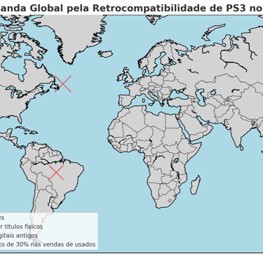 Mapa ilustrando a demanda global pela retrocompatibilidade do PS3 no PS5, com foco nos mercados