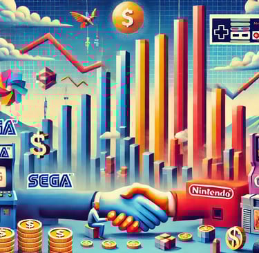 impactos econômicos da rivalidade Sega vs. Nintendo com elementos gráficos e temas coloridos.