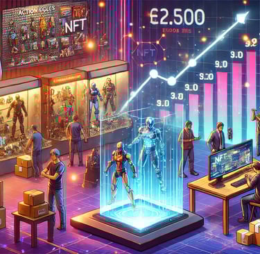 mercado de colecionáveis de games com action figures, NFTs e gráficos representando o impacto econôm