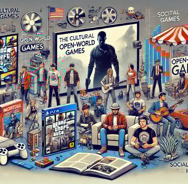 impacto cultural dos jogos de mundo aberto, com mídia desenvolvida, moda e interação social.