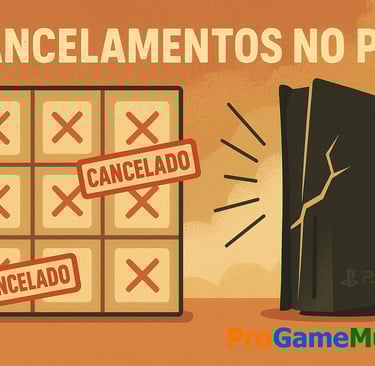 Grid de cancelamentos e PS5 trincado; metáfora dos cortes.