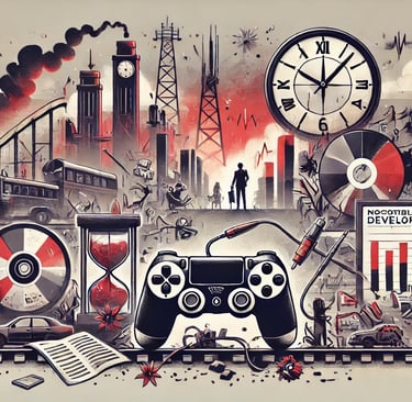símbolos de fracassos em jogos adaptados, como glitches, prazos perdidos e frustrações dos jogadores