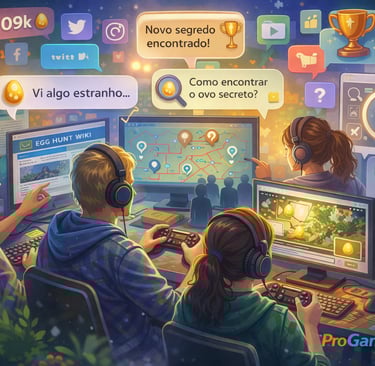Jogadores analisando Easter Eggs em comunidade online, conectando fóruns, vídeos e wikis
