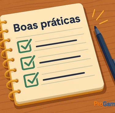 Caderno com checklist intitulado “Boas práticas” e caneta ao lado.
