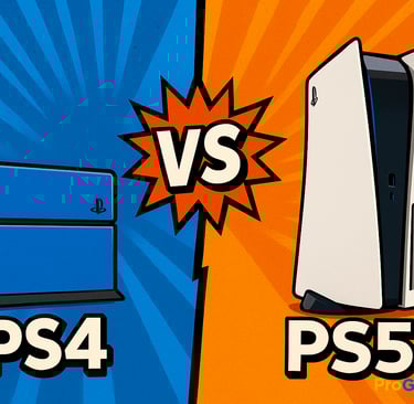 Comparação ilustrada entre PS4 e PS5 em estilo gráfico colorido.