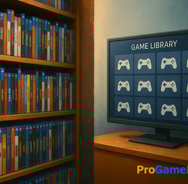 Estantes de jogos físicos comparadas com biblioteca digital fria em tela.
