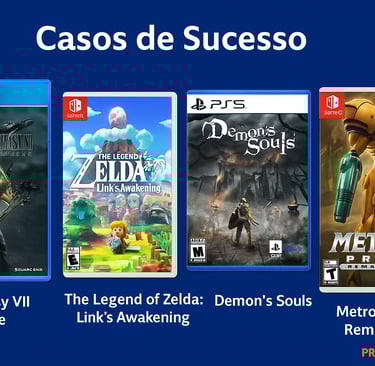 Capas de remakes de sucesso como Final Fantasy VII Remake, Zelda Link’s Awakening, Demon’s Souls.