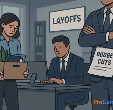 Funcionários demitidos em escritório com cartazes de cortes de orçamento.