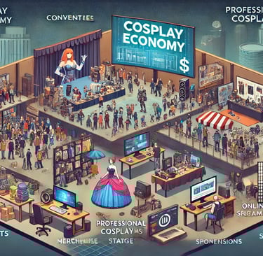 economia do cosplay, com setores como eventos, criação de trajes, patrocínios e monetização digital.