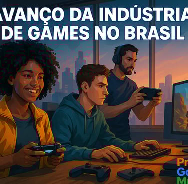 Desenvolvedores brasileiros em estúdio moderno com telas de games