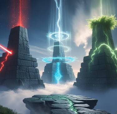 Três altares — um com energia de luta (vermelho), um com magia (azul), um com aventura (verde).