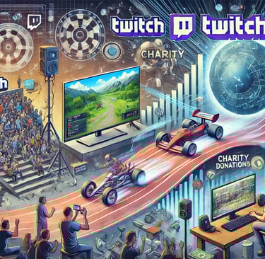 Cena com transmissão de speedrun no Twitch, doações de caridade e público em evento ao vivo.