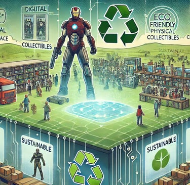 tendências futuras de colecionáveis, com NFTs, hologramas e itens sustentáveis, destacando tecnologi