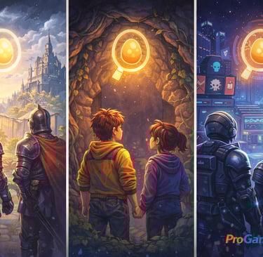 Ilustração comparando Easter Eggs em jogos AAA, indies e live service