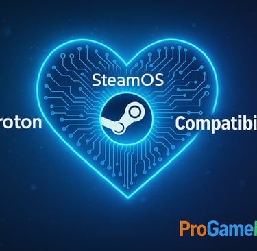 Coração de circuitos com SteamOS, Proton e Compatibilidade em destaque.