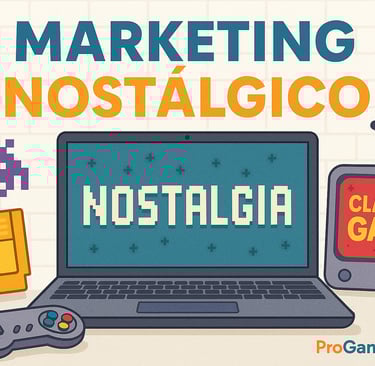Cena publicitária retrô com laptop, TV antiga e controle clássico destacando o conceito de marketing