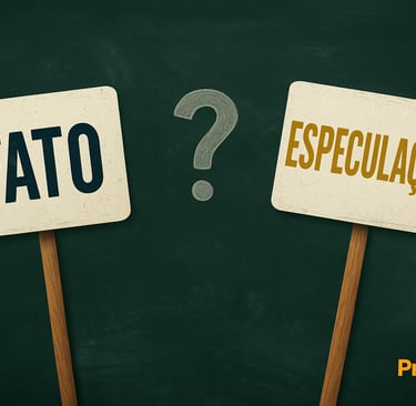 Duas placas em um quadro negro com as palavras ‘FATO’ e ‘ESPECULAÇÃO
