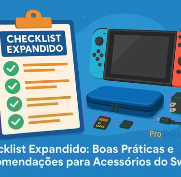 Checklist e acessórios do Nintendo Switch 2 sobre fundo azul.
