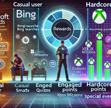 ganhos no Microsoft Rewards entre usuários casuais, engajados e hardcore, destacando diferente