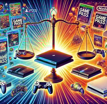 Comparação visual entre PS5, Xbox e Nintendo destacando retrocompatibilidade, Game Pass e relançamen