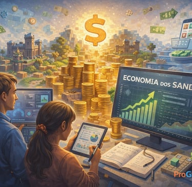 Imagem ilustrando a economia dos jogos sandbox, com criação virtual, gráficos financeiros e monetiza
