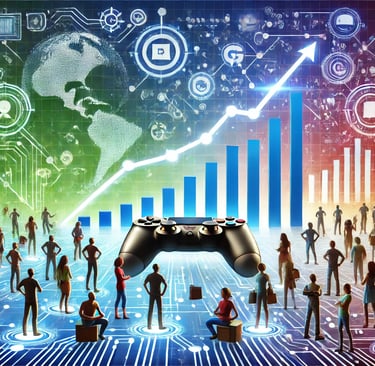 impacto global dos jogos adaptados, com gráficos de crescimento, redes digitais e personagens divers