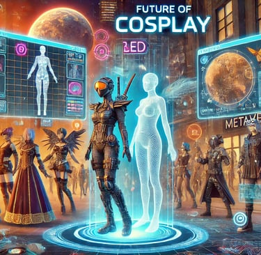 futuro do cosplay, com trajes tecnológicos, realidade aumentada e avatares digitais no metaverso .