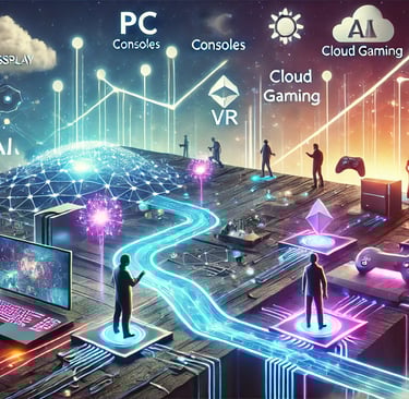 Cenário futurista com plataformas interconectadas, destacando tendências tecnológicas e a evolução