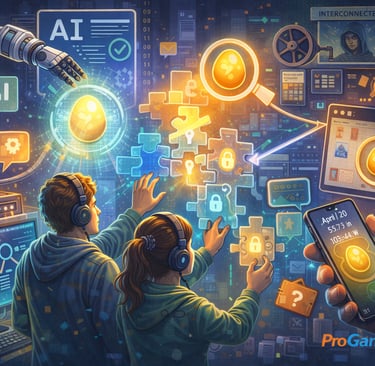 Ilustração futurista mostrando Easter Eggs dinâmicos, IA e narrativas transmídia nos games