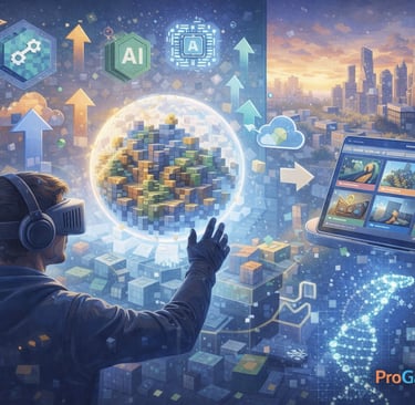 Imagem futurista mostrando tendências dos jogos sandbox com IA, criação digital e mundos persistente