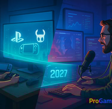 Jogador em setup gamer e streamer em estúdio conectados por holograma de games.