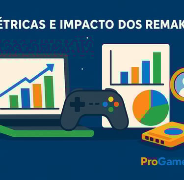 Infográfico horizontal com gráficos de vendas e engajamento de remakes, laptop, controle e lupa