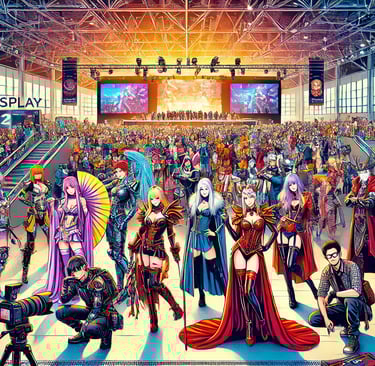 grande evento de cosplay, com cosplayers diversos interagindo e representando diferentes estilos