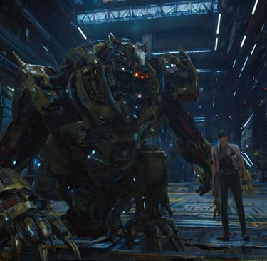a man standing in front of a giant robot