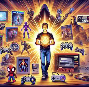 jogador com colecionáveis de games, como action figures, steelbooks, NFTs e consoles retrô.
