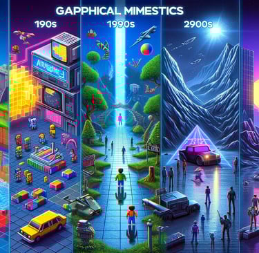linha do tempo mostrando a evolução dos gráficos nos videogames, desde os pixels de 8 bits