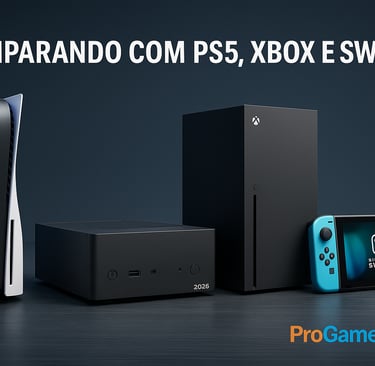 PS5, Steam Machine, Xbox Series X e Switch alinhados para comparação visual.