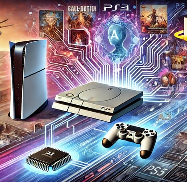 PS5 futurista com hologramas de jogos de PS1 a PS4, simbolizando inovação e preservação do legado.