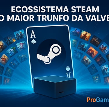 Carta ‘ás’ da Steam cercada por jogos, simbolizando o ecossistema como maior trunfo da Valve.
