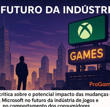 Cidade futurista com letreiro do Xbox simbolizando o futuro da indústria de jogos.