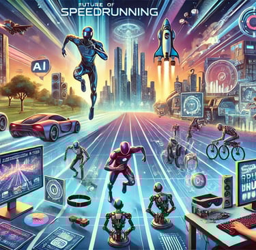 Representação do futuro dos speedruns com realidade virtual, hologramas e robôs em um cenário tecnol