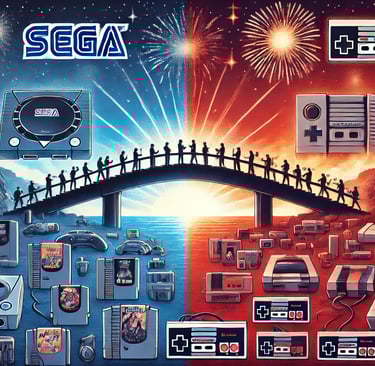 o legado da rivalidade Sega e Nintendo com consoles clássicos, uma ponte de cartuchos e elementos