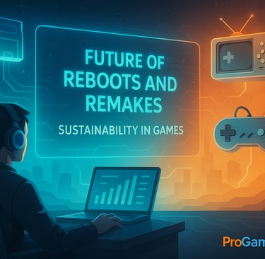 futuro sustentável de reboots e remakes com elementos retrô e hologramas.