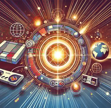 reflexões sobre jogos adaptados, com elementos como consoles retrô, tecnologias futuristas e impacto