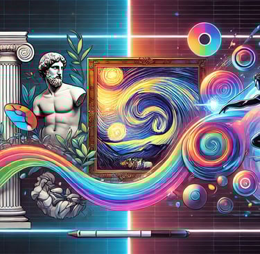 transição da arte tradicional, com uma escultura de mármore, para arte moderna e futurista