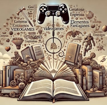 livros abertos e palavras flutuando que se transformam em elementos de jogos, como paisagens