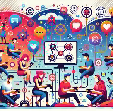Representação de avatares interagindo em um ambiente digital com elementos de cooperação e conversa.