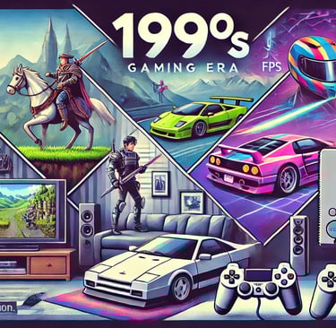 Cena dos anos 1990 com jogos 3D, incluindo um aventureiro de RPG, piloto de corrida e console PS.