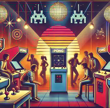 cena de arcade nos anos 1970 com máquinas clássicas e jogadores imersos.