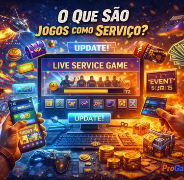 principais elementos dos jogos como serviço, como atualizações, eventos e monetização.